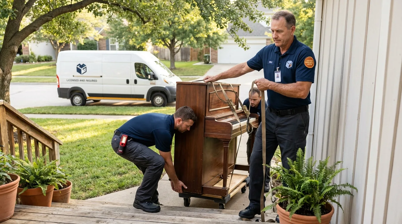 Licensed piano movers securing grand piano in Vale, OR