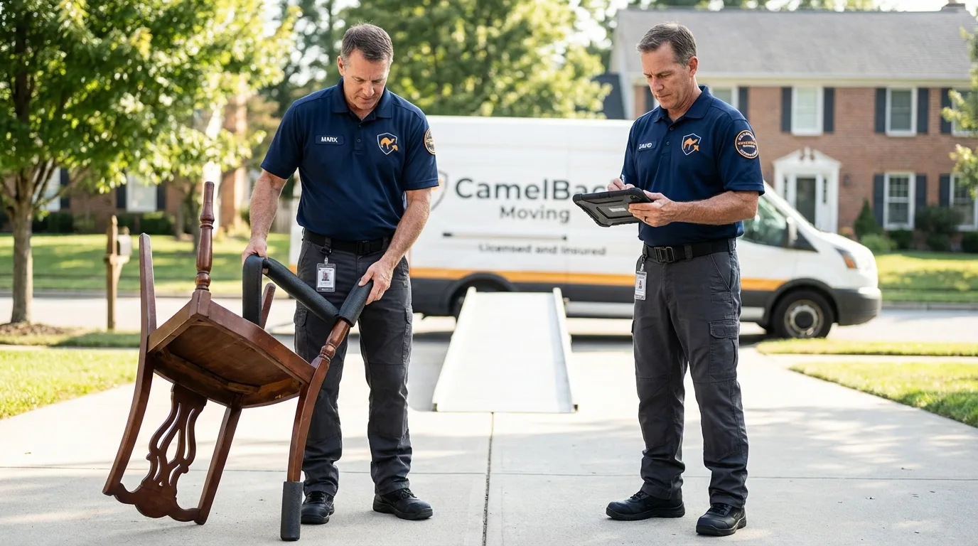 Movers inspecting furniture for damage prevention before loading in Vale, OR